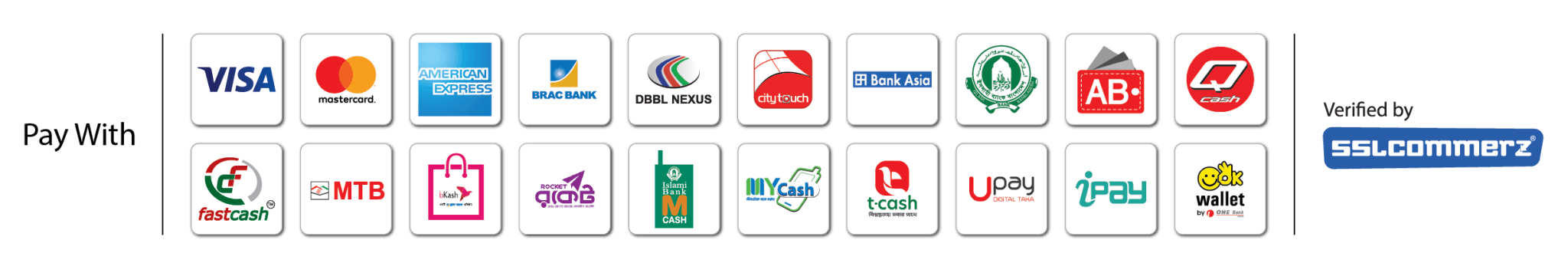 Supported Payment Methods - bKash, Nagad, Rocket, Visa, Mastercard, AMEX, DBBL Nexus, City Bank via SSLCommerz